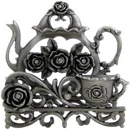 Vintage Teapot and Rose Card Holder Antique Silver Toned Bejeweled