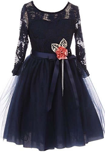 Little Girls Long Sleeve Girls Dress Floral Lace Roses Corsage Christmas Flower Girl Dress Navy 6 (J20KS98)