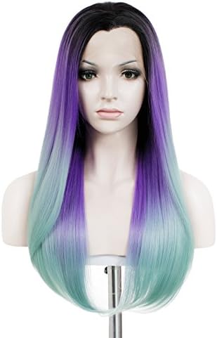 Lace Wig Long 24“Straight Synthetic Lace Front Wig High Density Mint Green Dark Roots (blue)