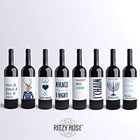 Funny Hanukkah Wine Bottle Labels - 8 Waterproof Holiday Stickers on Polyester Stock - Custom Chanukah Design Covers Made and Printed in USA by RitzyRose