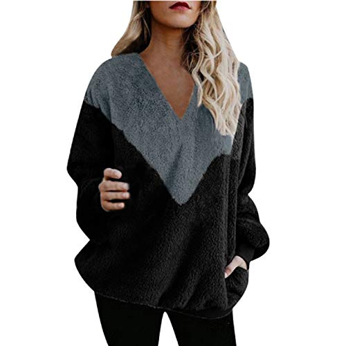 Tsmile Women Long Sleeve Sweater Round V-Neck Warm Solid Fuzzy Fluffy Fleece Fit Pullover Winter Tops Sweatshirt