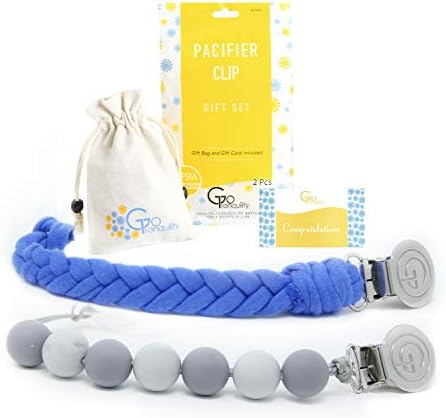 Teething Pacifier Clips BPA Free Silicone Beaded Binky Holder & Soft Chewable Braided Cotton Teether Toy Leash Baby Shower Gift (Blue & Gray)