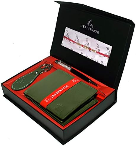 LEADERACHIRaksha Bandhan Combo -Genuine Greenish Full Grain Leather RFID Blocking Bi fold Wallet with Designer Leather Key Ring & Metallic Black Pen..(RAKHI-WKP-25GR)