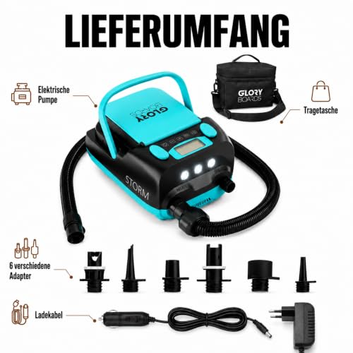 Glory Boards SUP Pump Battery Electric Pump SUP 20 PSI High Pressure Electric Air Pump with 6 Adapters for Stand Up Paddle Boards, Boats, Kayak, Air Mattresses, Tent, 230 V & 12 V Charging Function