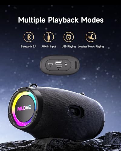 MLOVE E90 Altavoz Portátil Bluetooth Inalámbrico Impermeable RGB LED Luz True Wireless Stereo, Bluetooth 5.4, Micro-SD, Memoria USB, Jack 3,5mm, Carga Type C, Negro