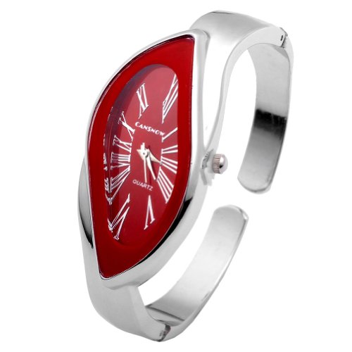 Top Plaza Fashion Women s Leaf Bangle Cuff Bracelet Analog Watch, Silver Tone, Red