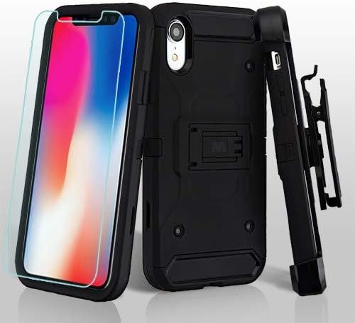 GB Heavy Duty Case Rugged Cover w/Tactical Stand+[Tempered Glass]+Holster Clip for iPhone XR - Black