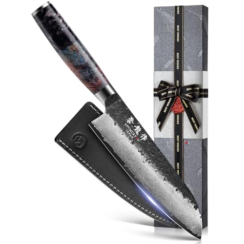 Japanese Chef Knife with VG10 Core, 7'' Razor Sharp Hand Forged Damascus Santoku Knife for Home & Professional Chefs, Kitchen Knives with Leather Sheath & Gift Box, Fathers Day Gift for Dad Husband