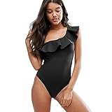 Womens Cute Solids Ruffle Off Bodysuits Shoulder One Piece Swimsuit Black S