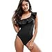 Womens Cute Solids Ruffle Off Bodysuits Shoulder One Piece Swimsuit Black S