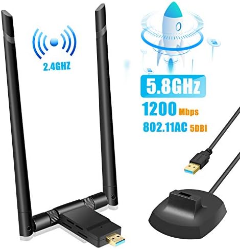 USB WiFi Dongle Adapter 1200Mbps,Wireless Adapter Dual Band 5GHz/2.4GHz WiFi Dongle with Dual 5dBi Antennas Network Adapter USB 3.0 for PC/Desktop/Laptop,Support Windows XP/Vista/7/8/10 Linux MAC