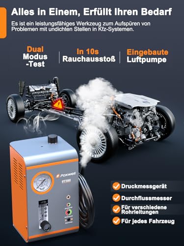 FOXWELL EVAP Car Fog Machine ST203, Professional Dual Modes Smoke Machine, Car Leak Detector with Pressure Indicator & Flow Indicator for Real-time Data, Air Pump 16 L/Min, Complete Kit for 12 V Vehicles