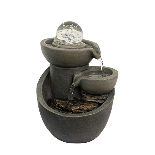 Pure Garden 50-LG5066 Tabletop Water Fountain-3-Tier Waterfall with Rolling Glass Ball, Multi-Colored LED Lights Electric Pump & Soothing Sounds for Home