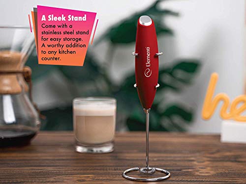 Elementi Milk Frother Electric & Matcha Mixer - Mini Electric Whisk for Coffee - Frother for Coffee - Milk Frother Handheld - Coffee Stirrers Electric Mini - Gadgets for Home (Red)