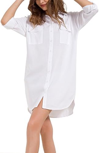 SMXUAN Women’s Shirt Dress Long Sleeve Loose Button Down Swing Dress Knee Length 033 (White, S)