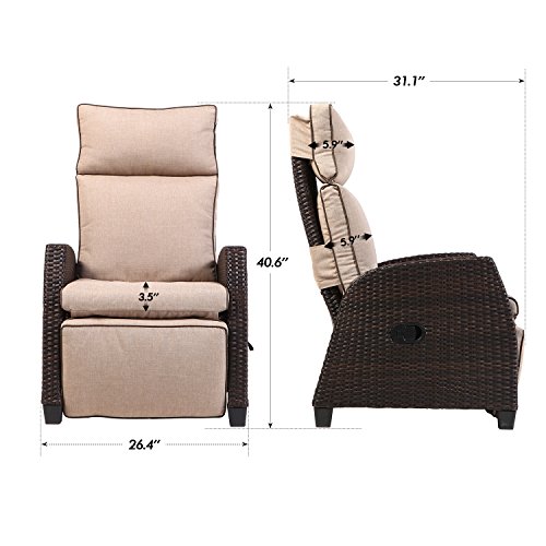 LCH Adjustable Recliner Relaxing Sofa Chair Outdoor Wicker Furniture Aluminum Frame Lounge with Beige Soft Thicken Cushions | Porch, Backyard, Pool or Garden