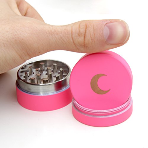 Small Matte Pink Spice Herb Grinder (1.5 inch) Gold Moon Engraving with Pollen Catcher and Scraper Magnetic Seal Perfect for Purse, Pouch or Small Bag