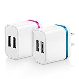 OKRAY 2 Pack 2A 10W Colorful Portable Dual USB Travel Wall Home Charger Power Adapter Plug for iPhone SE 6s Plus, iPad, Samsung Galaxy, Android, HTC, LG, Google Nexus, Nokia (Blue Hot Pink)