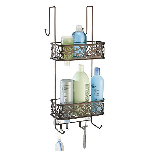 mDesign Metal Over Door Bathroom Tub & Shower Caddy, Hanging Storage Organizer Center - Holds Shampoo, Conditioner, Body Wash, Razor, Dry Towel - 2 Baskets, 8 Hooks, Floral Design - Bronze