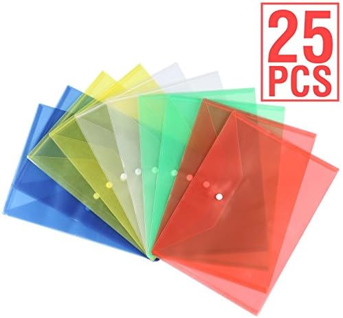 Clear Document Folder with Snap Button, Closure Plastic Folders, Multicolor Poly Envelope, US Letter/A4 Size, Transparent Envelopes Designed for School, Home, Work and Office Organization (25 Pack)