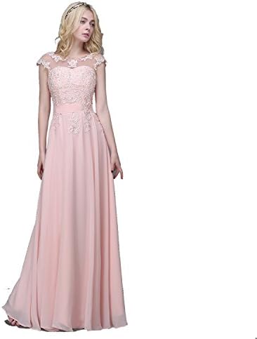 Felaladress Cap Sleeve Long Chiffon Applique Beading Bridemsiad dress Pink 14