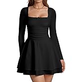 XXTAXN Women‘s Sexy Lace Sweetheart Neck Long Sleeve Corest Ruched Waist Flowy Mini Dress