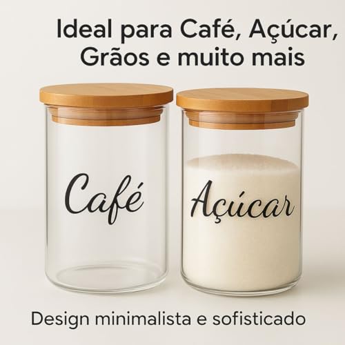 Potes Herméticos de Vidro com Tampa de Bambu 1200ml Conjunto com 2 Unidades para Café e Açúcar Transparente