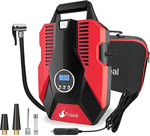 Foseal Compresseur à Air Portatif, Gonfleur Pneus Voiture 12V 150PSI, Mini Compresseur avec écran LCD Numérique Lampe LED, pour Voitures, Motos - Rouge