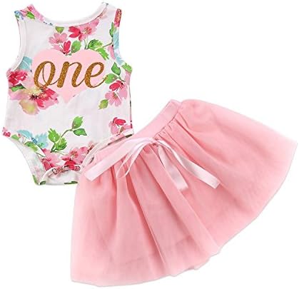 HESHENG Baby Girls 1st Birthday Floral Romper Top + Tutu Lace Skirt Dresses 2Pcs Outfit Sets (Multi, 90/6-12M)
