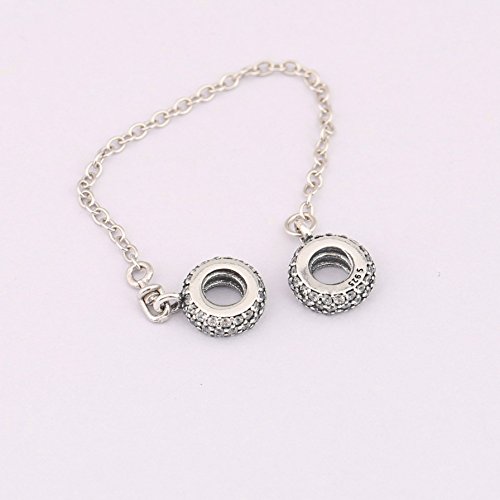 Heart Safety Chain Charm 925 Sterling Silver Beads fit Pandora Charms Bracelet & Necklace (Sparkling Safety chain)
