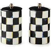 MACKENZIE-CHILDS Ceramic Salt &amp; Pepper Set, Black-and-White Courtly Check | Hand-applied design, farmhouse salt and pepper shaker set, 2" dia. x 3.5" H (each)