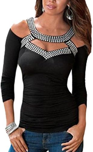 HP House Womens Studded Cold Shoulder Hollow Out Long SleeveTunic Blouse Tops (S, Black)