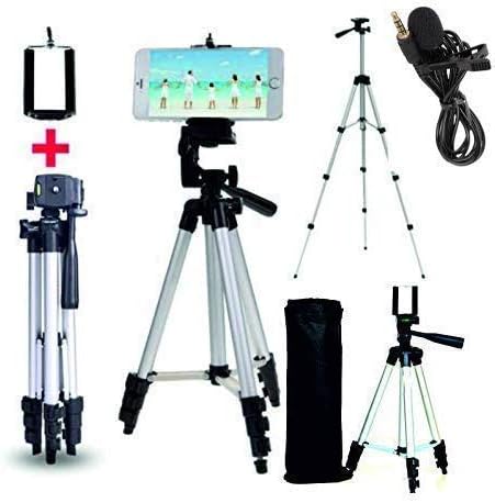 Mossto® Adjustable Aluminium Alloy Tripod Stand Holder for Mobile Phones, 360 mm -1050 mm, 1/4 inch Screw with 3.5mm Clip On Mini Lapel Lavalier Microphone (Black)
