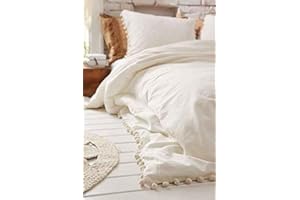Flber White Boho Bedding Pom-Fringe Duvet Cover Twin Size 68in x 90in