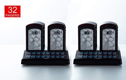 PagingPro P200 Restaurant Pager System with 32 pcs Coaster Pagers and 2 pcs Keypad Call Button Extensible Wireless Queue Calling System for Food Court Church Clinic Shop Cafe