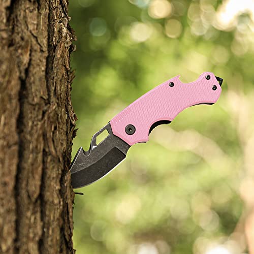 Flissa Mini Folding Pocket Knife, 2.5-Inch Stainless Steel Drop Point Blade, EDC Pocket Knives for Women with Bottle Opener and Glass Breaker (Pink)