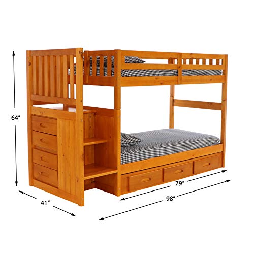 Discovery World Furniture Mission Twin Over Twin Staircase Bunk Bed with Twin Trundle, Honey - Thumbnail 3