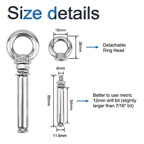 INCREWAY Expansion Bolt, 4 Pcs 304 Stainless Steel Ring Lifting Anchor