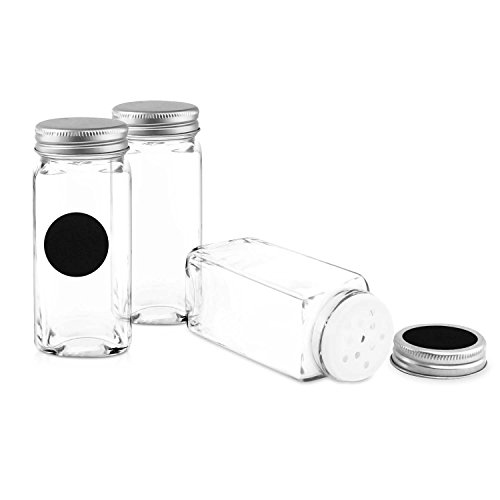 Nellam 12 Square Spice Jars Set with Shaker Tops and Sticker Labels 4oz Clear Glass Containers with Silver Top Kitchen Organizer Bottles for Pepper Salt Herbs and Spices