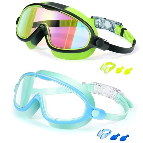 Kids Swim Goggles 2 Pack Pool Goggles Anti-Fog Anti-UV Wide View No Leaking Swimming Goggles for Children 3-14