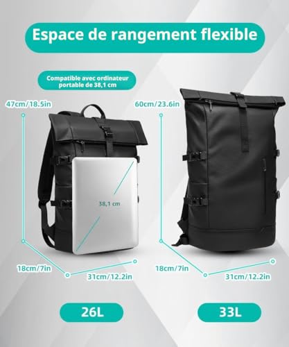 GYakeog Men's Waterproof Backpack for 15 Inch Laptop 33L Expandable for Hiking, Work, Travel, Cycling, University-Black