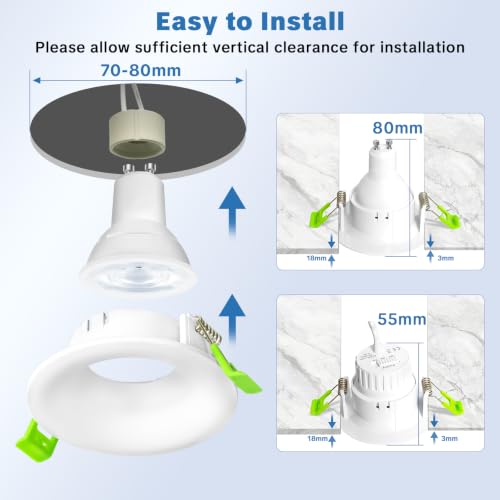 Aulaiyi Pack of 12 GU10 White Recessed Frame, Anti-Glare Ceiling Spotlights, GU10 Lamp Holder Included, Compatible with 70-80mm Cutting, Ideal for Refurbishment and Replacement, No Bulbs