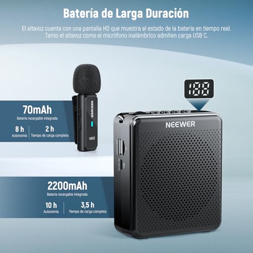 NEEWER VA02 Amplificador de Voz con micrófono inalámbrico, Mini USB C portátil, Recargable con cancelación de Ruido, megáfono y micrófono, Juego de 10 Horas, Rango de 15 m para Profesores y guías