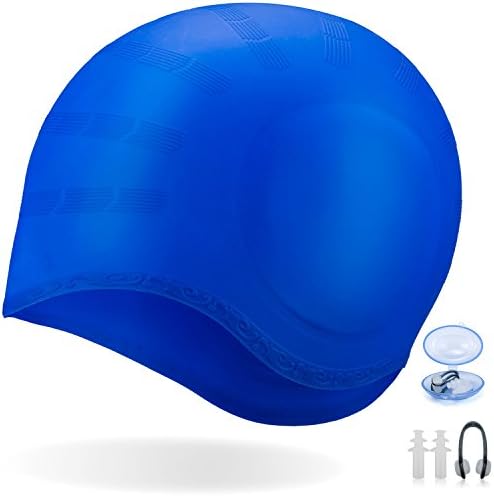 Long Hair Swim Cap,Waterproof Silicone Swimming Cap for Adult Woman and Men,Keeps Hair Clean Ear Dry with Nose Clip and Ear Plugs (Blue)