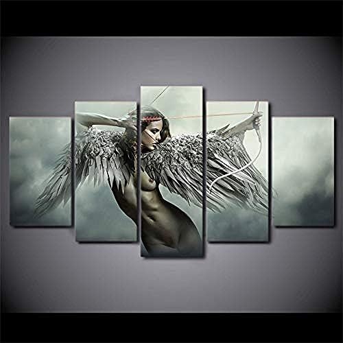 Canvas Hd Prints Wall Art Pictures 5 Pieces Sets Fantasy Angel Warrior Wing Paintings Home Decor Anime Girl Posters-40Wx22H(inch)