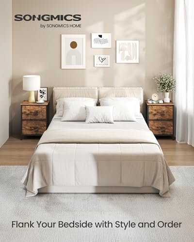 SONGMICS BELLAH Collection - Bedside Table with 2 Drawers, Side End Tables, for Bedroom, Steel, Set of 2, Industrial, Rustic Brown and Ink Black LGS112KD01