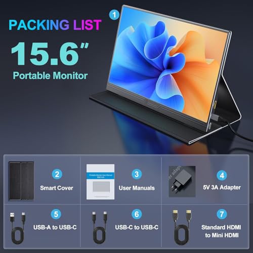 Monitor Portátil 15.6" Full HD 1080P IPS - Tela Portátil para Notebook e Extensor de Tela, HDR, com Alto-falantes e Capa Magnética Integral, USB-C Mini HDMI para Laptop, Celular