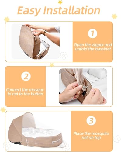 Baby Travel Cot with Mosquito Net and Awning, Foldable Baby Tent, Washable Crib Bionic Travel Bed Breathable Cradle Cot, Portable Baby Cot, Foldable Baby Cot with Mosquito Net (Brown)