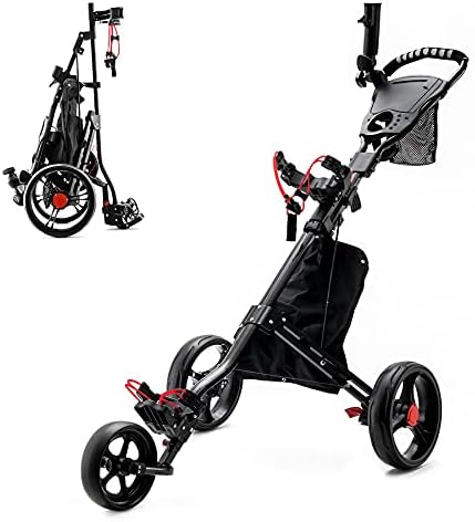 Golf Push Pull Cart, 3 Wheel Foldable Golf Pull Cart with Foot Brake, Height Adjustable Handle, Push Pull Golf Cart Trolley with Umbrella Holder, Cup Holder, Tee Holders, Scoreboard, Storage Bag