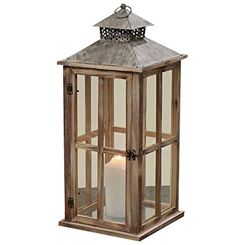Whole House Worlds The Stockbridge Rustic Hurricane Candle Lantern, Rustic Brown, Distressed Vintage Gray, Galvanized Metal, Glass, Wooden Cross Post Panels, 19 Â¾ Inches Tall, By